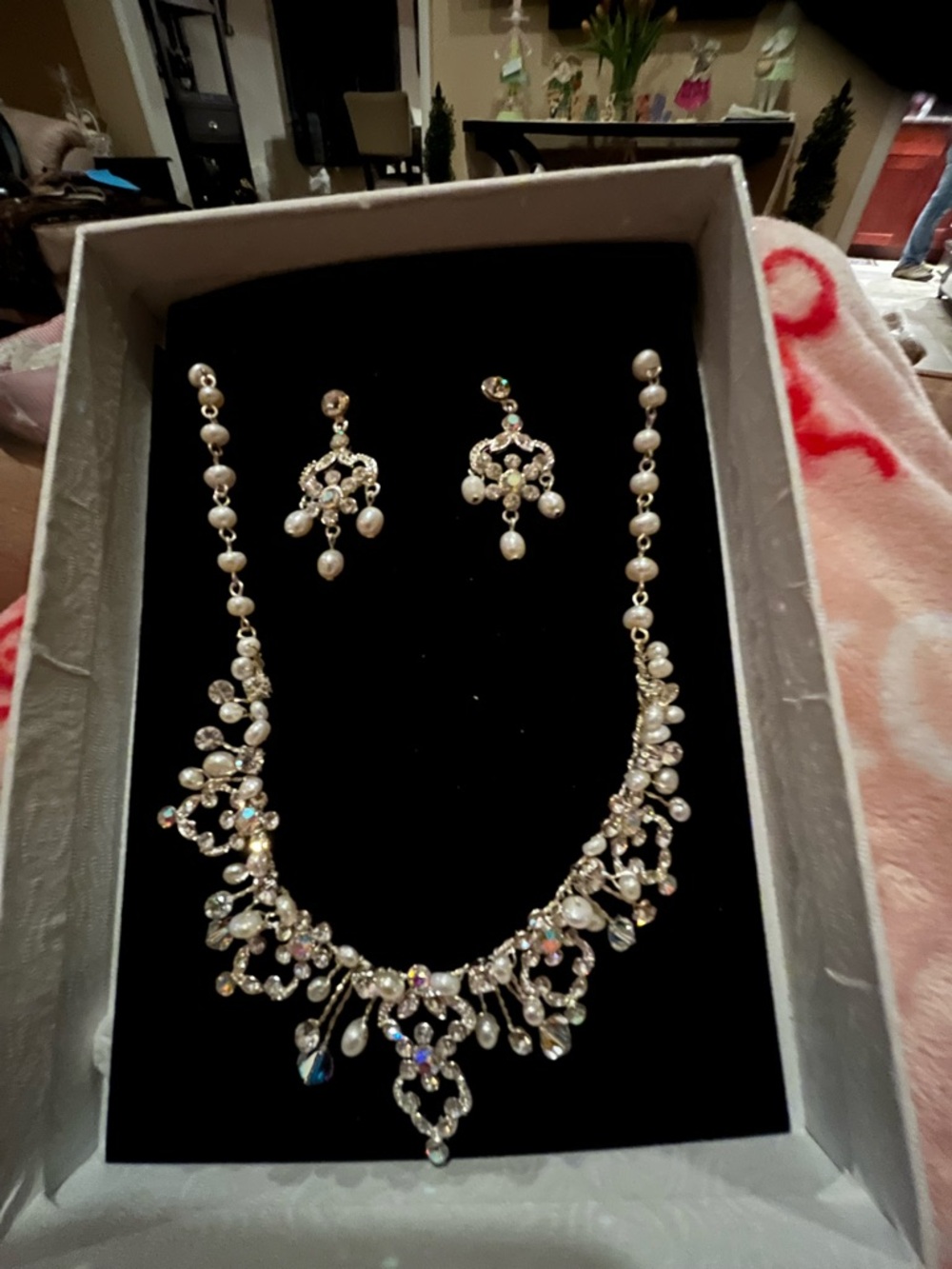 Pearl and Crystal Bridal Necklace with Matching Earrings - White